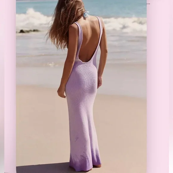 Free People Beach Daniela Lilac Ribbed Knit Low Back Midi/Maxi Dress NEW - Picture 3 of 9